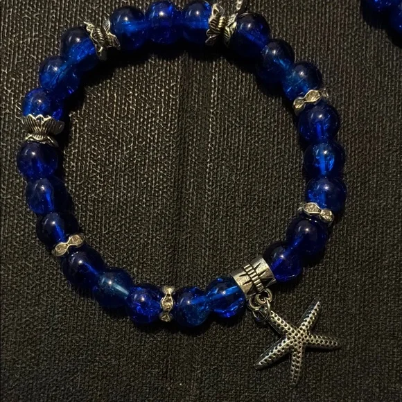 Blue Beaded Bracelets with Starfish Charm Hand crafted 3pc set - Picture 3 of 5